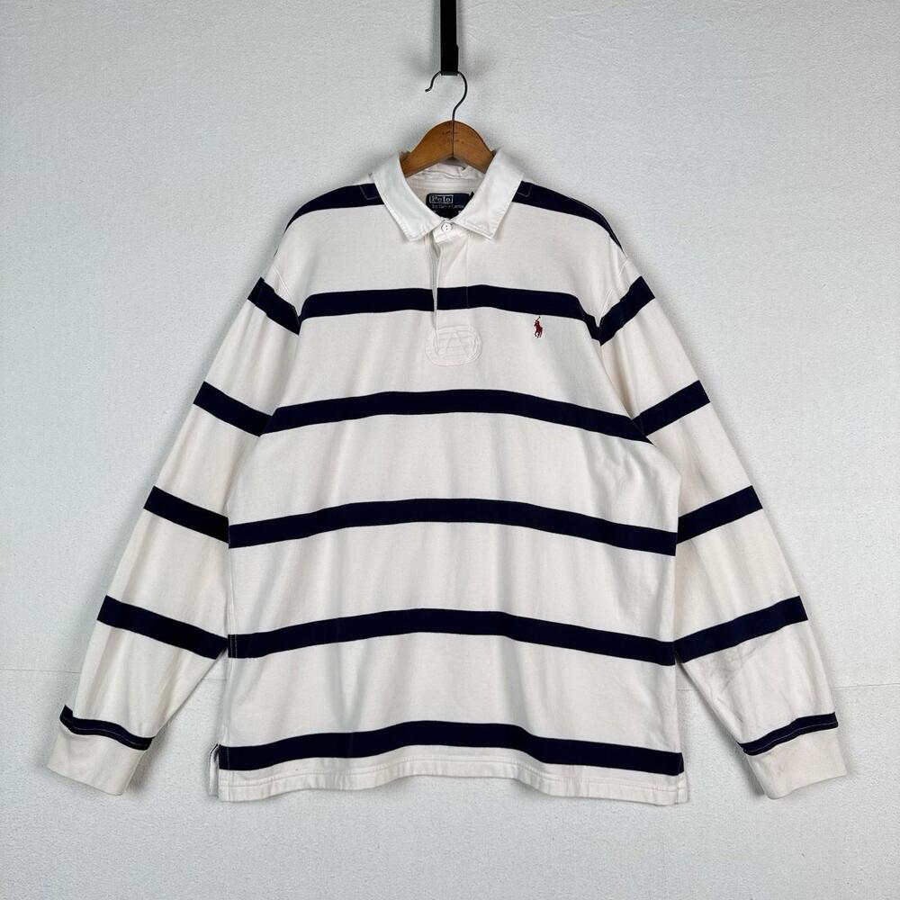 Vtg Polo Ralph Lauren Rugby‎ Polo Shirt Men's XXL Custom Fit White Blue Striped